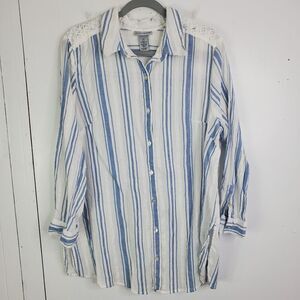 Catherines Button Down Shirt Womens 0X Striped Blue Lace Back Coastal Feminine